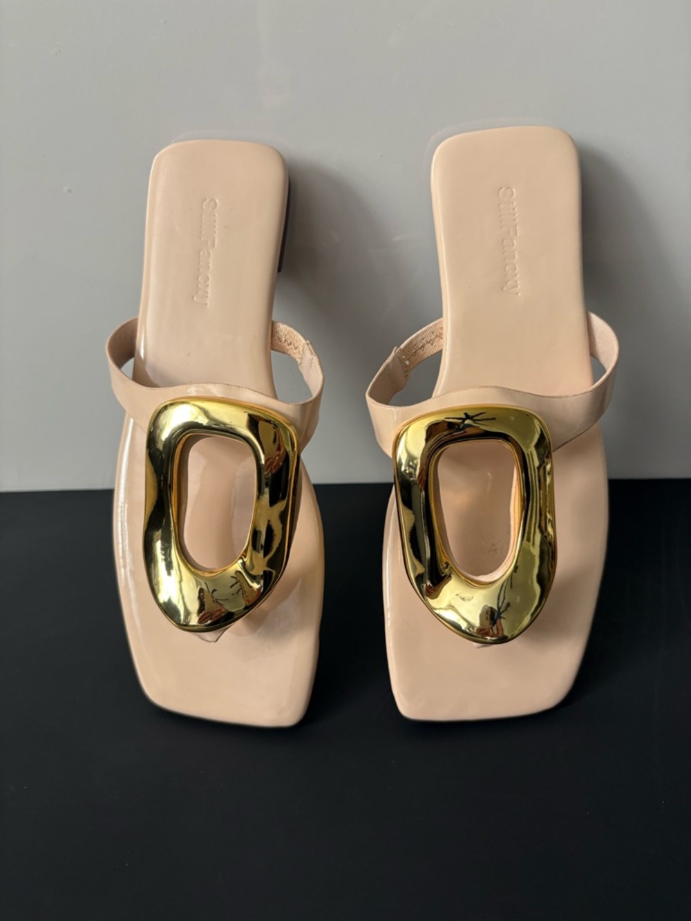 Gold-Accent Nude Slide Sandals